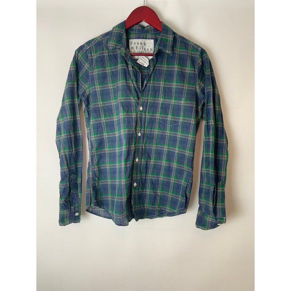 Frank & Eileen Button Down Plaid Blue Green S Small Lightweight Wrinkled